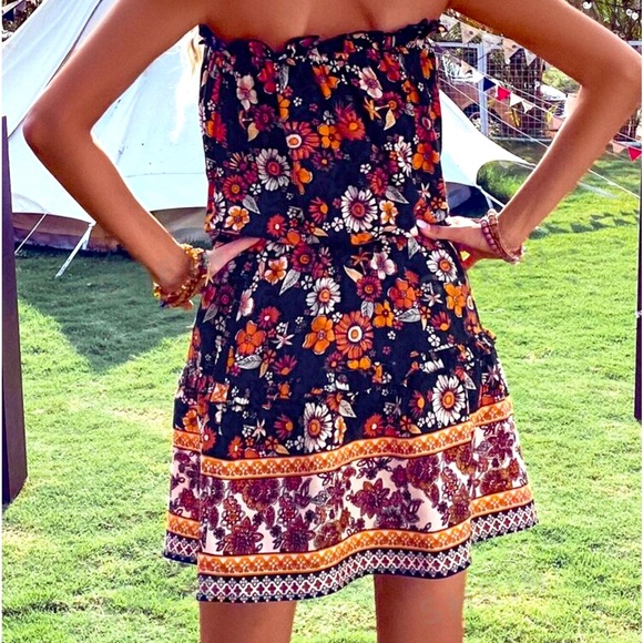 Floral Print Tube, Orange, Black, Country Western, Boho Hippie Dress, Sz XL - Picture 3 of 5